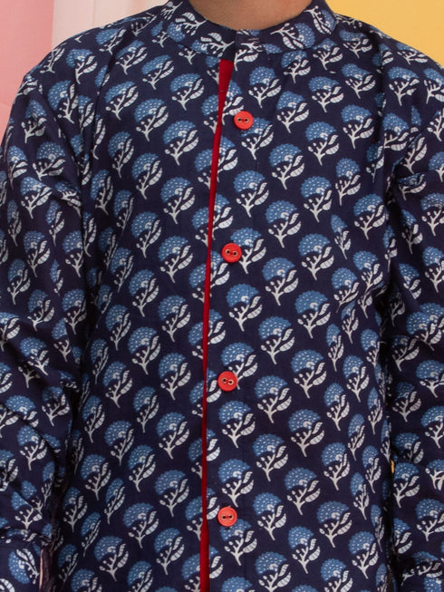 Boy's Blue Floral Printed Front Open Kurta With Pyjama Set